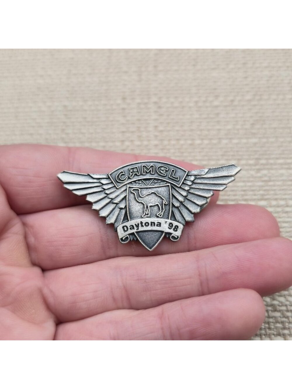 1998 Camel Cigarettes Daytona 98 Pewter Winged Motorcycle Pin A8545
